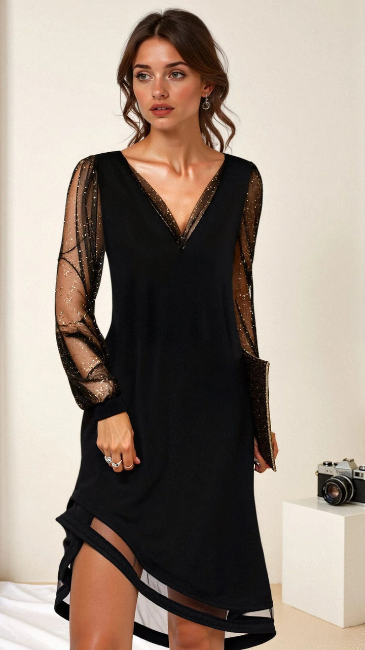 Evening Mini Dress with Sheer Sleeves for Women