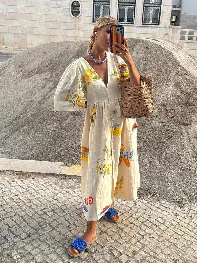 Robe mi-longue en lin léger pour femme